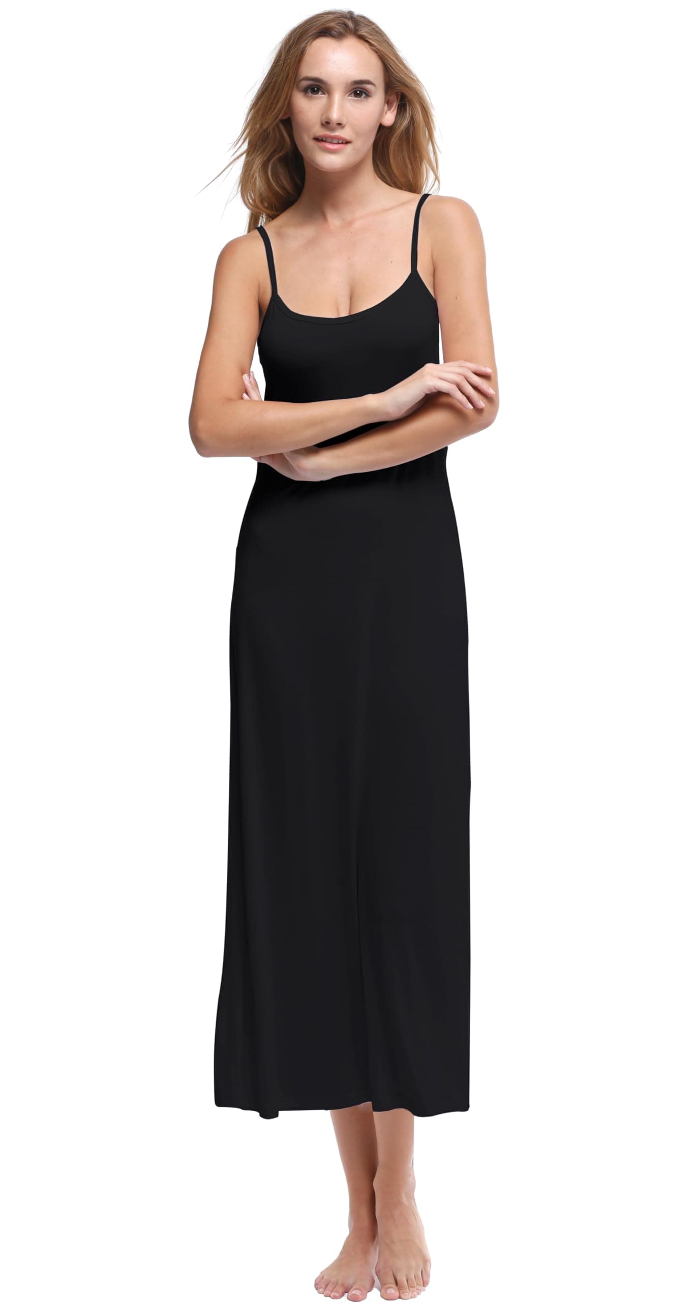 Papicutew Women's Modal Long Full Cami Slip Dress Sleeveless Nightgowns (Black, L)