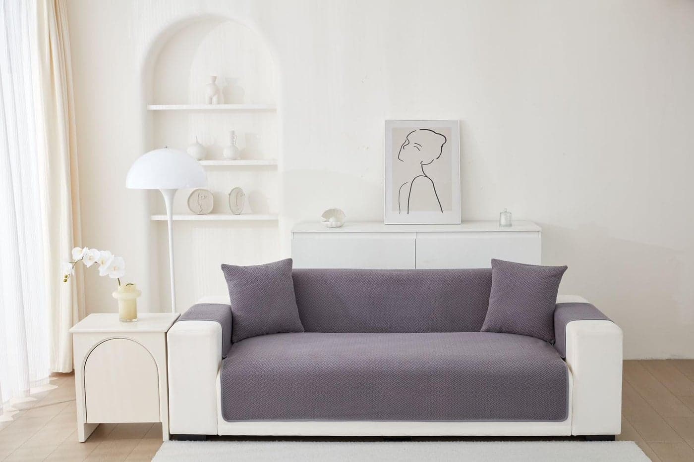 HOMETHREADS Premium Style Anti Slip Sofa Cover Set | Polyester Sofa Slipcover | 1Pc Front Cover with Attached Armrest + 1Pc Back Cover (Light_Grey, 2 Seater | 176x118cm)