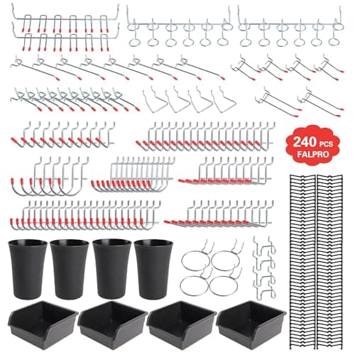 FALPRO 240PCS Pegboard Hooks Assortment Pegboard Organizer Kit with Bins Cups 18 and 14 inch Hooks for Hanging Tools Garage Wall Organization