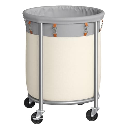 SONGMICS 29-Gallon (110 L) Laundry Basket with Wheels, Rolling Round Heavy-Duty Laundry Hamper Cart with Steel Frame and Removable Bag, 2 Locking Wheels, Dove Gray and Cream White URLS002GD02