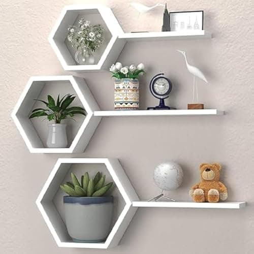 LIVINGLOOM Engineered Wood Woden Hexagonal Shape Wall Hanging Rack Floating Shelves for Display for Photos,Plants Living Room, Bedroom,Bathroom, Kitchen, Office Decor (White)
