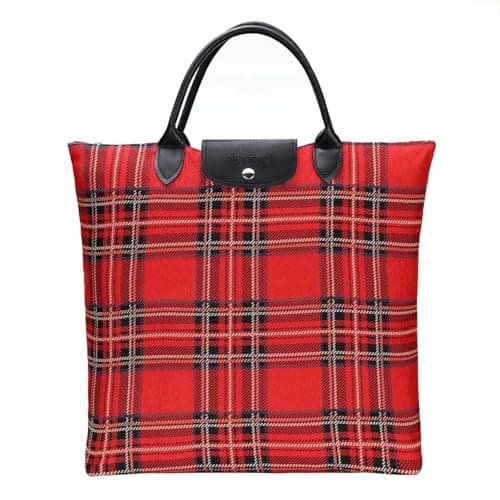 Signare Tapestry Foldable Tote Bag Reusable Shopping Bag Grocery Bag with Red Royal Stewart Tartan Design (FDAW-RSTT)