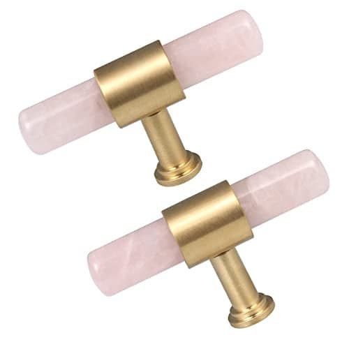 TUMBEELLUWA Set of 2 Crystal Stone T Bar Pull Handles with Screws Brushed Brass Single Hole Quartz Stick Hardware Cabinet Knobs for Dresser Cupboard Kitchen Decor Rose Quartz