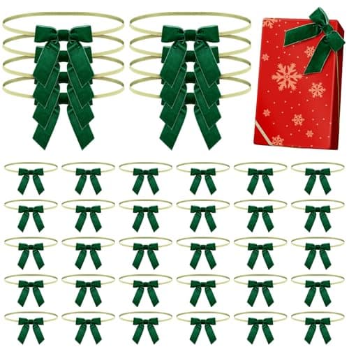 Dingion 100 Pcs Velvet Christmas Gift Bows for Gift Wrapping Elastic Bows Holiday Pre Tied Bows 24 Stretch Loops Flat Gift