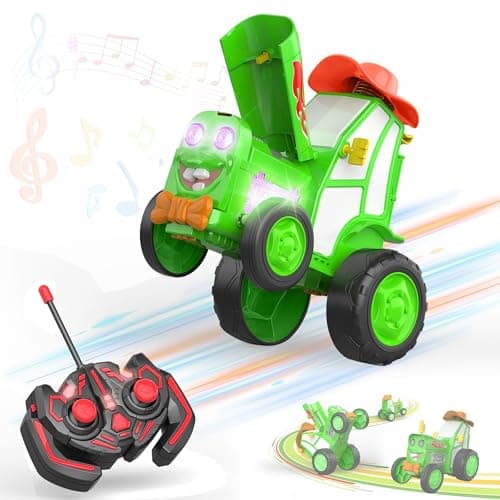 Kidology Crazy Jumping Tractor Toy | Remote Control Stunt Dancing Tractor with LED Lights, Music & Tumbling Action | Rechargeable RC Car for Kids Ages 3–12 Years (Green)