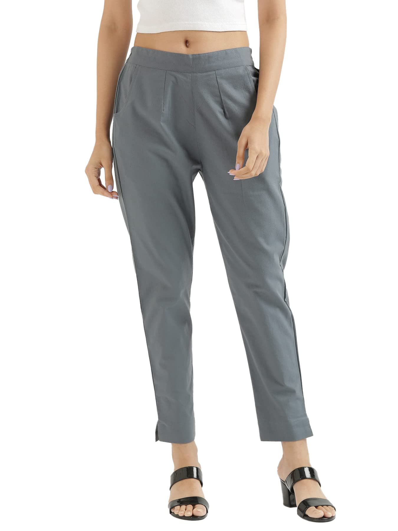 SAADAA Women Cotton Pant Regular High Rise Slim Fit Trouser, Pocket Pants for Office School Formal Casual Daily Use Cement Grey