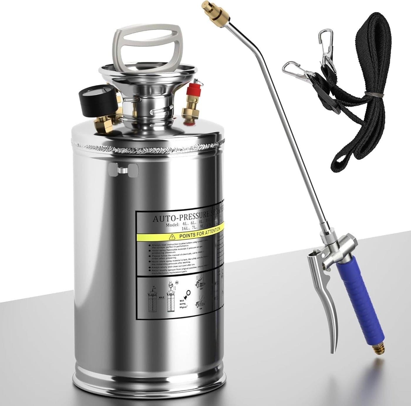 2 Gallon Hand Pump Sprayer, 304 Stainless Steel Garden Chemical Sprayer with Pressure Gauge, Adjustable Nozzle, 20" Sprayer Wand, 3.3ft Hose & Safety Valve