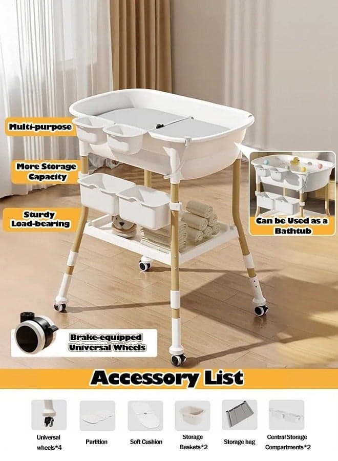 2-in-1 Baby Changing Table with Bathtub, Height Adjustable Diaper Changing Station with Wheels, Safety Belt, Storage Baskets & Drain Pipe for Babies Under 2 Years