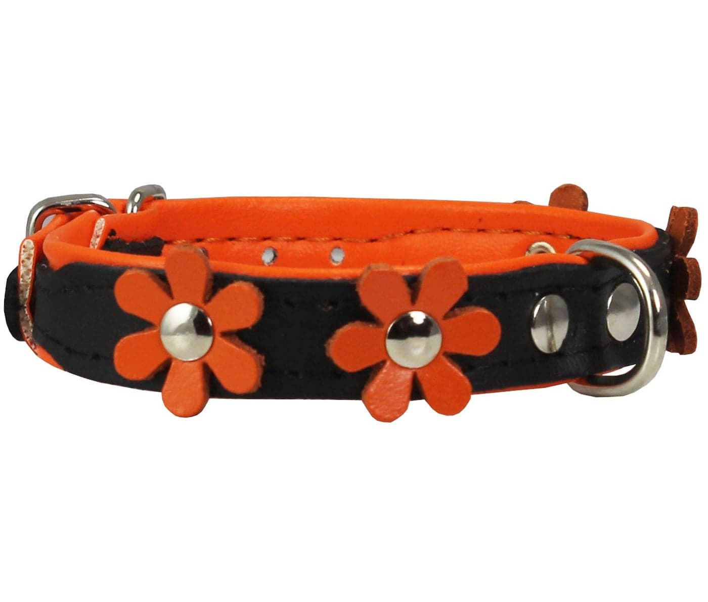 Real Leather Daisy Flowers Dog Collar (Black/Orange, 7"-8" Neck; 1/2" Wide)