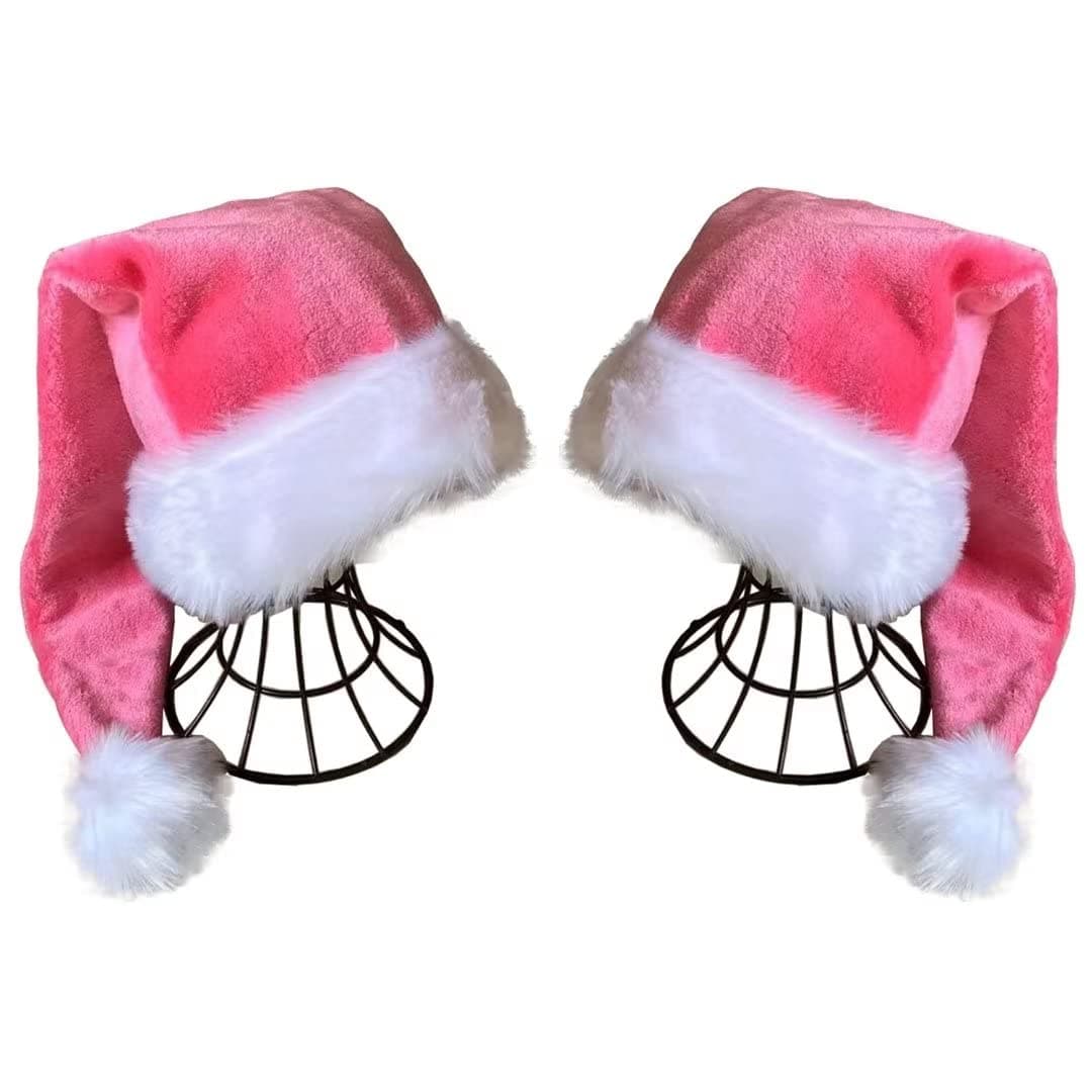 QIAONIUNIU Pink Santa Hat Adults Deluxe Pink And White Xmas Christmas Hat Pack 2 pcs