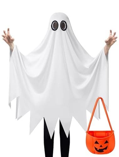 Spooktacular Creations Kids Ghost Costume Halloween Ghost Costume White Silent Costume with Pumpkin Bag for Boys Girls Halloween Dress Up Role Play3T