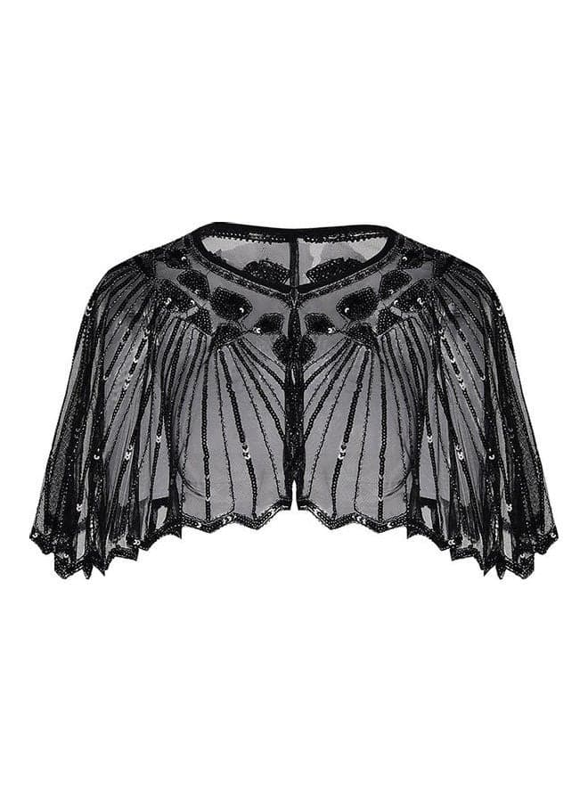Women 1920s Shawl Poncho Sheer Mesh Shiny Black