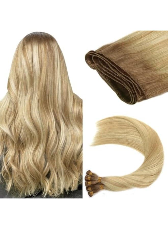 ABH AMAZINGBEAUTY HAIR Sew in Rooted and Highlighted Hand Tied Weft Hair Extensions Real Remy Hair Beach Blonde With Dirty Blonde Highlights and Chestnut Brown Base Color R618613 50 Gram 20 Inch