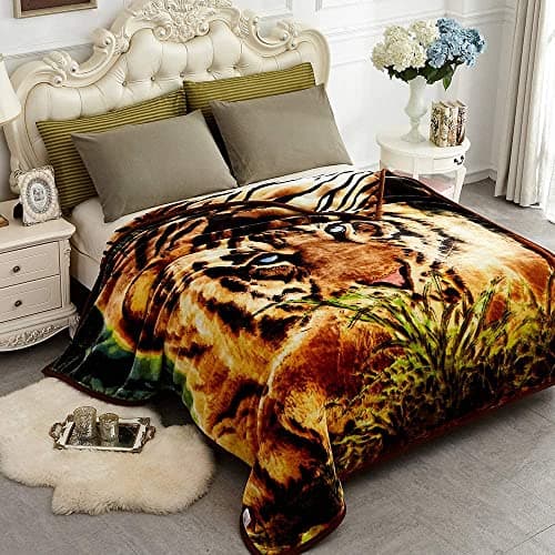 JYK Korean Faux Mink Fleece Blanket 75”x87” and 5 LB Mink Blanket - 2 Ply Reversible 520GSM Silky Soft Plush Warm Blanket for Autumn Winter, A&B Pattern (Queen, Tiger/Tiger Stripes)