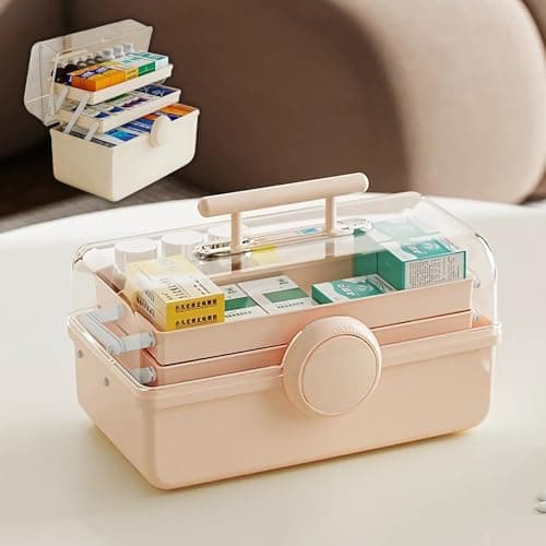 HoopVool® Clear Plastic Medicine Storage Box Organizer, Family Emergency Kit Portable Lockable Container for, Art Craft and Cosmetic Household Organizer (Pink, First Aid Box)