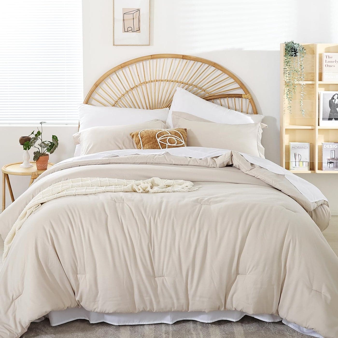 weigelia Queen Comforter Set 7 Pieces Beige Comforter Set Queen Size Bedding Set Soft Microfiber Comforter with Fitted Sheets Flat Sheets Pillow Shams and Pillowcases
