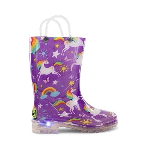 Western Chief Kids Waterproof Light Up Rain Boots With Handles for Easy On and Off for Boys and Girls, Rainbow Unicorn, Purple, 13 M US Little Kid