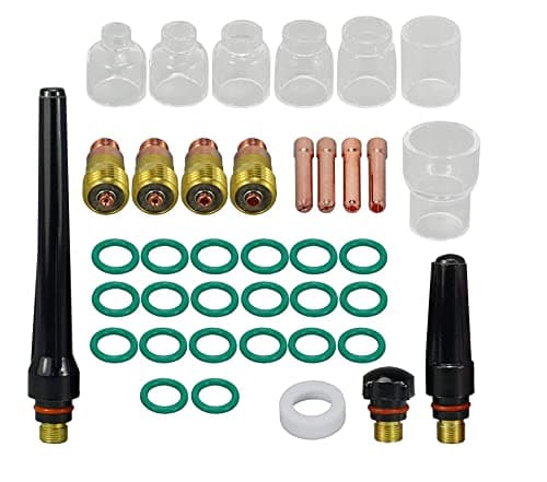 RIVERWELD TIG Stubby Gas Lens 17GL040 10N22S 040 17GL116 10N23S 116 17GL332 10N24S 332 17GL18 10N25S 18 Glass Cups Clear Quartz Nozzle 412 kit SR WP 17 18 26 TIG Welding Torch 39pcs