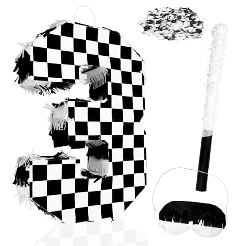 MUNILAIL Checkered Number 3 Pinata Black and White Checkered Pinata with Stick and Blindfold Confetti for 3rd Birthday Racing Car Party Game Supplies Race Car Pinata