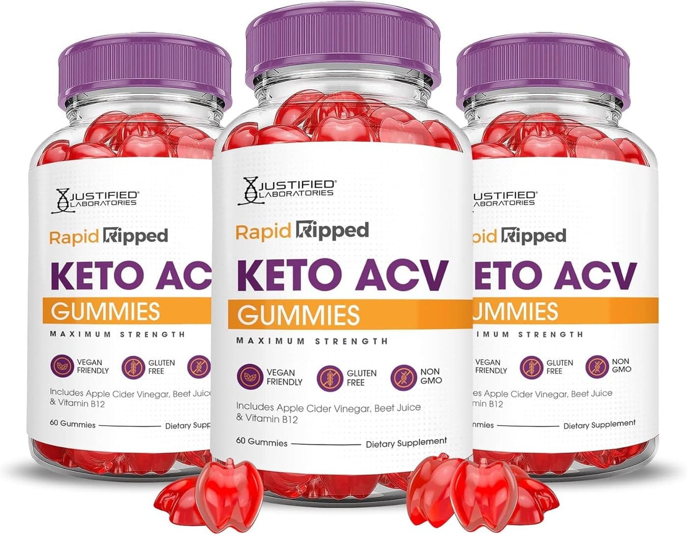 Justified Laboratories 3 Pack Rapid Ripped Keto ACV Vegan Non GMO 180 Gummies