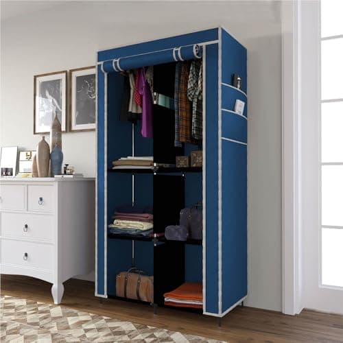 GTC® 3+3 Layer Collapsible Wardrobe for Clothes with Side Pocket 7800-3 (76CM x 38CM x 145CM, Blue) Storage Unit