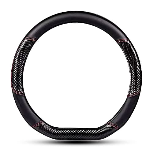 HAOTULE Car Carbon Fiber and Leather D-Shape Steering Wheel Cover, Stylish car Non-Slip Leather car Interior 15 inches Universal Black and Red