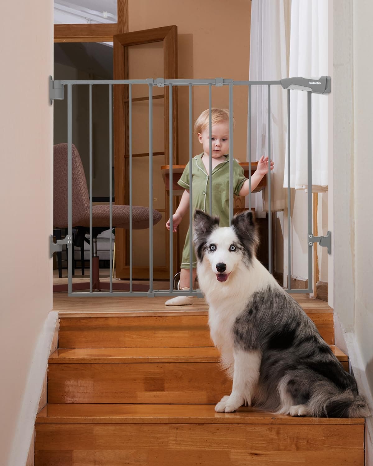 Babelio 2643 No Bottom Bar Baby Gate for Babies Elders and Pets 2in1 Hardware Mount Dog Gate for The House Stairs and Doorways with Large Walk Thru Door Grey