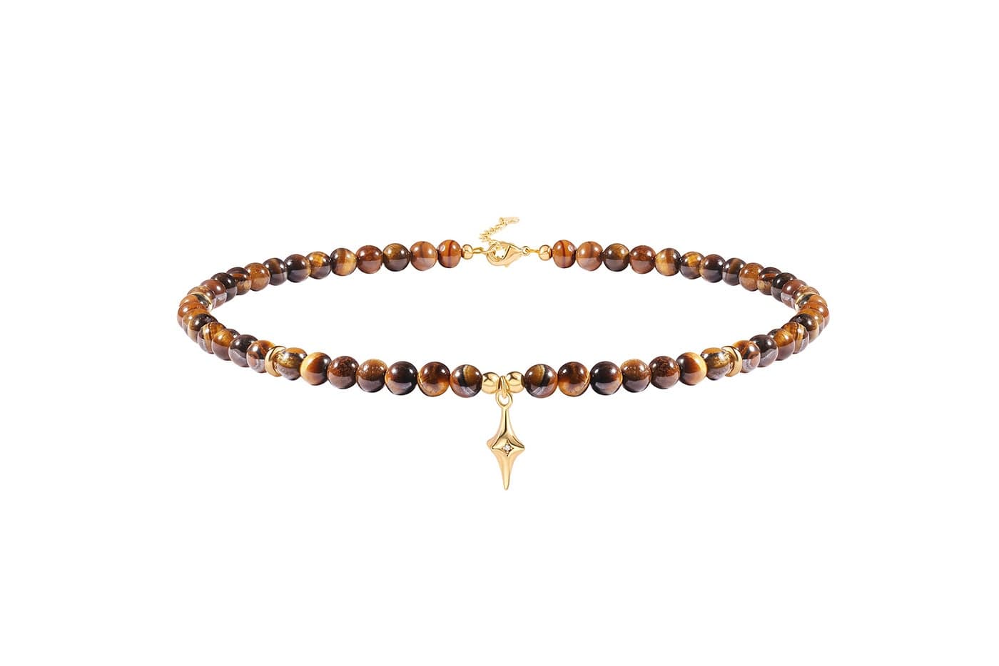 PEARLADA Tiger Eye Beaded Choker, Healing Crystal Necklace for Women, 18k Gold Star Charm Pendant Necklace