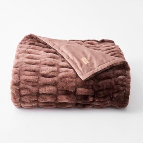EVERGRACE Luxurious Soft Faux Rabbit Fur Throw Blanket Cozy Fuzzy Plush Warm Throws for Couch Bed Sofa Chair Home Decor Ruched Bubble Fluffy Blanket with Reversible Velvet 50 x 60 Mocha Brown