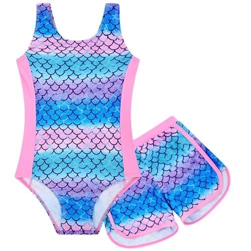 TUONROAD Girls Swimsuits Size 8 9 Big Girl's 2PCS Pink Blue Mermaid Scale Bathing Suit for Kids Summer Pool Swimwear with Shorts for Surfing 8 9 Years