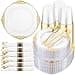 Hioasis 350pcs Clear and Gold Plates Clear Party Plates for 50 Guest Include 100 Heavyduty Plates20 Thicker Than Standard 50 Pre Rolled Gold Plastic Silverware Set 50 Cups