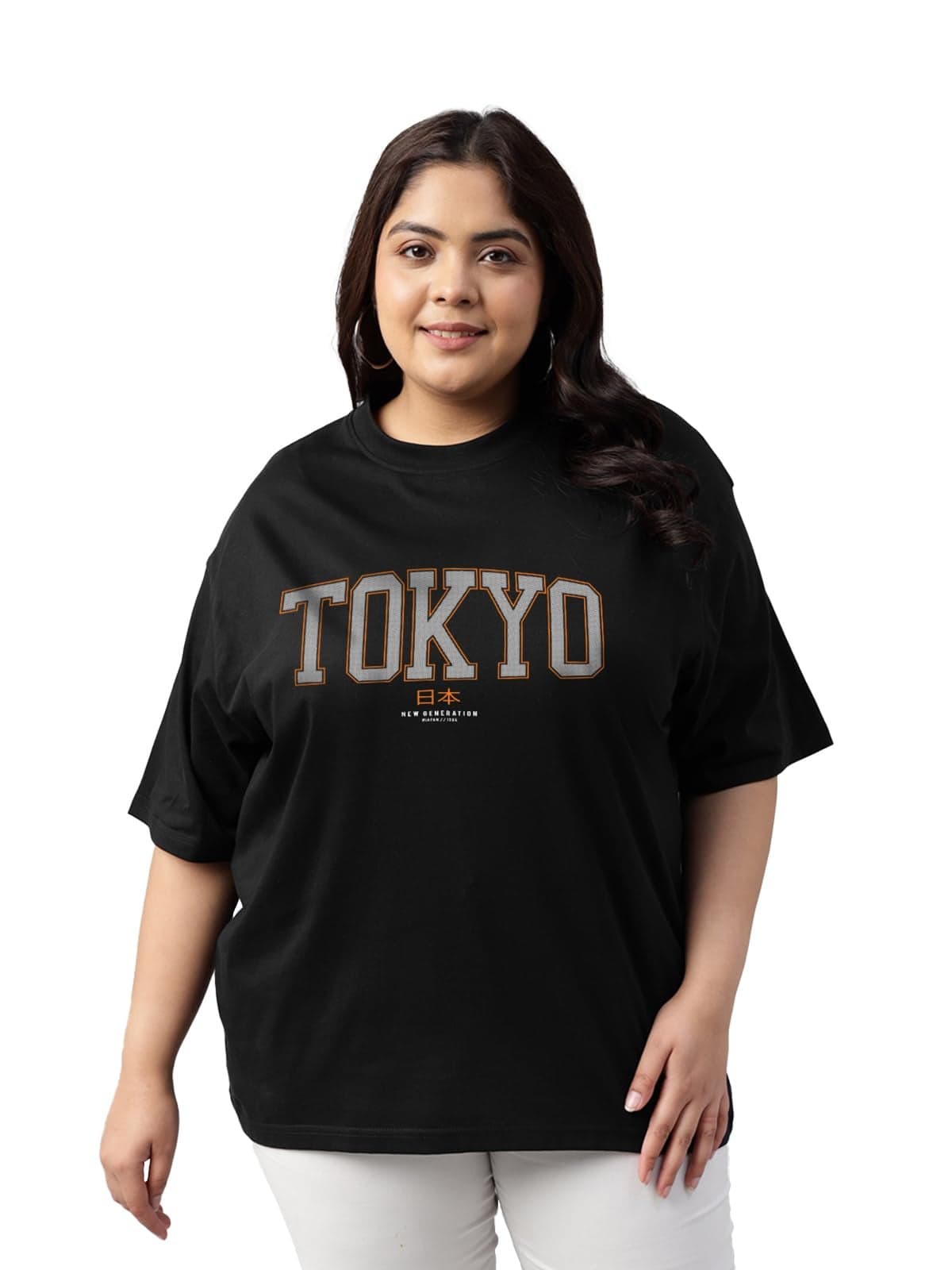 JUNEBERRY® 100% Pure Cotton Oversized Fit Latest & Trendy All Over Prints Half Sleeve Plus Size T-Shirt for Women & Girls (PS_JBTKYO_BLK_5XL)