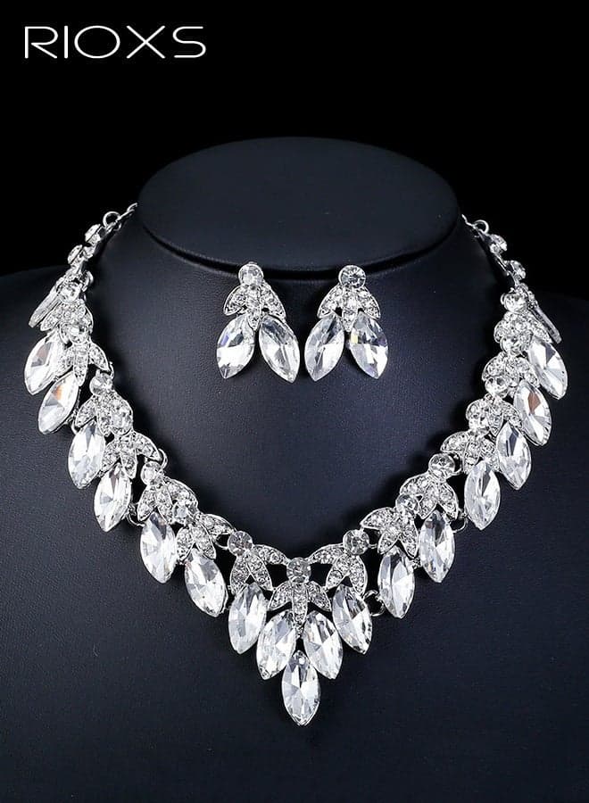 Rhinestone Bridal Bridesmaid Jewelry Sets, Silver Floral Teardrop Statement Necklace, Formal Prom Costume Jewelry Sets for Women and Brides