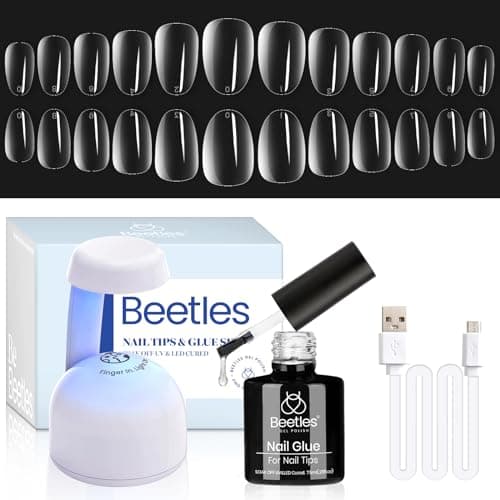 Beetles Gel Nail Kit Gel Nail Tips 504Pcs XS short oval Pre Shaped Clear Full Cover False Nail Tips with 5 in 1 Nail Glue and Reformatory Led Nail Lamp for Nail Art Diy Home Manicure