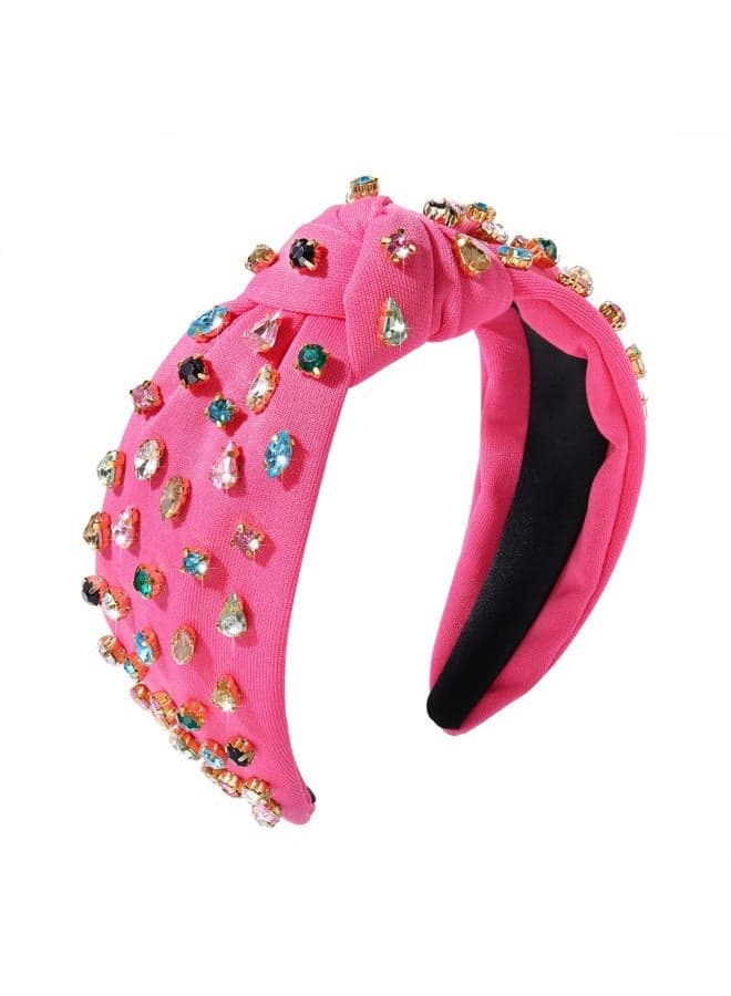 Hot Pink Headband Rhinestone Knotted Headbands for Women, Crystal Beaded Jeweled Headbands, Top Knot Headbands Womens Fashion Hairbands Summer Hair Accessories