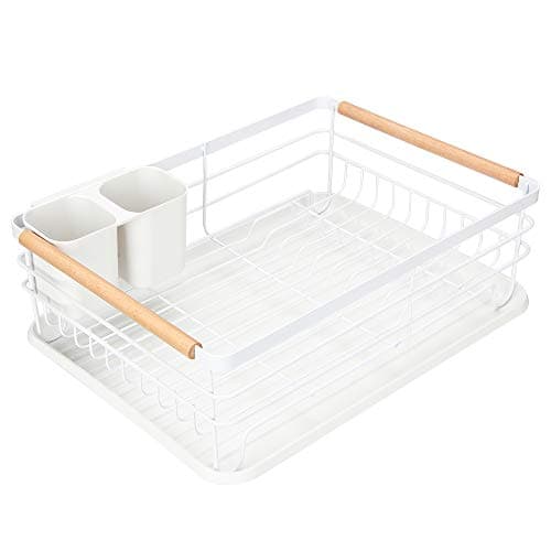 Attom Tech Home Modern Wood Handle Dish Rack and Drain Board 165 x 12 x 55 Kitchen Plate Cup Dish Drying Rack Tray Cutlery Dish Drainer