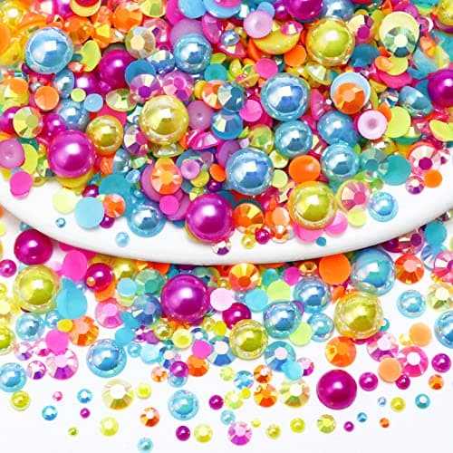 Towenm 60g Mix Flatback Pearls and Rhinestone 2mm10mm Jelly Rhinestones and Half Pearls for Crafts Tumblers Shoes Nails Face Art with Picker Pen PinkBlueYellowOrange
