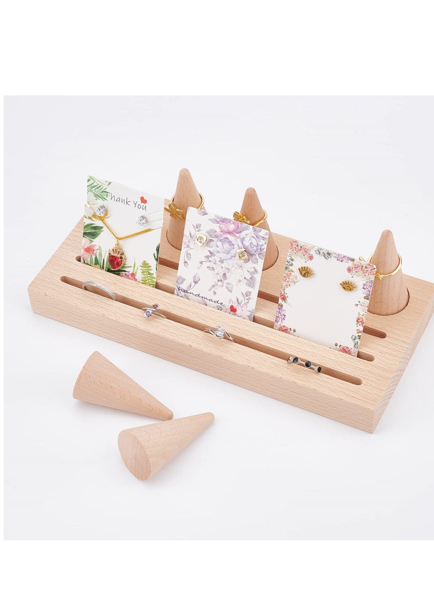 Wooden Finger Ring Stand with 5 Cone Ring Holders, Countertop Jewelry Display Organizer, Wooden Ring Tray with Groove, Ideal for Rings and Jewelry Exhibition