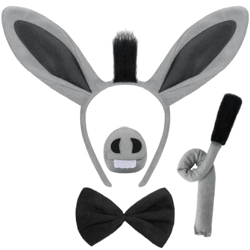 Mototo 4 PCS Donkey Costume Accessories Set Donkey Ears Headband Nose and Tail With Bowtie Adult for Halloween Animal Props 101 Day Dress up Animal Birthday Party