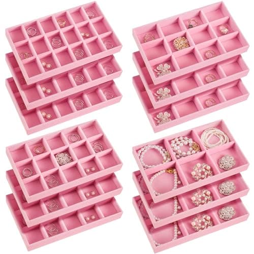 Junkin 12 Pcs Jewelry Tray Velvet Stackable Jewelry Organizer Trays Divided Earring Accessories Storage Containers Box(Pink)