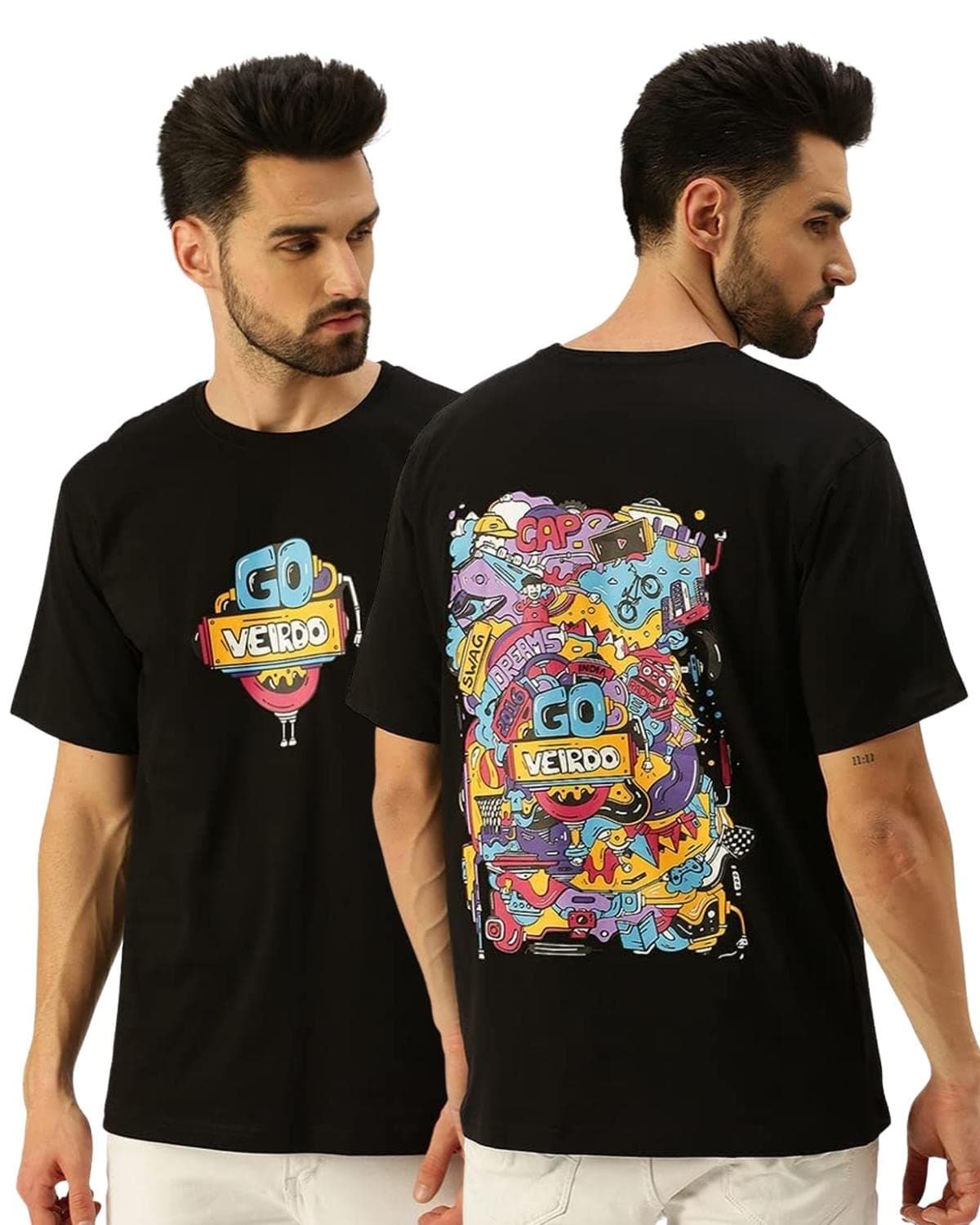 Veirdo Oversized Cotton Graphic Print Black Crew Neck T-Shirt with Chest Print for Men