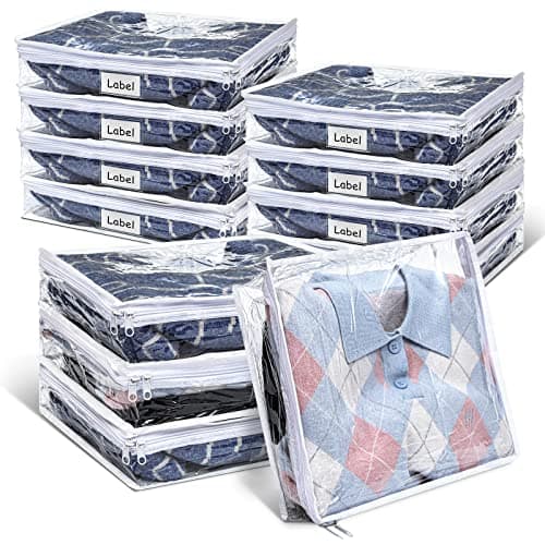 Hoolerry 12 Pcs Clear Zippered Storage Bags Pvc Sweater Sheet Organizer Plastic Sheet Storage Sweater Bags With Zipper And Label Pocket Container For Clothes Closet Linen Pillow (14 x 12 x 3 Inch)