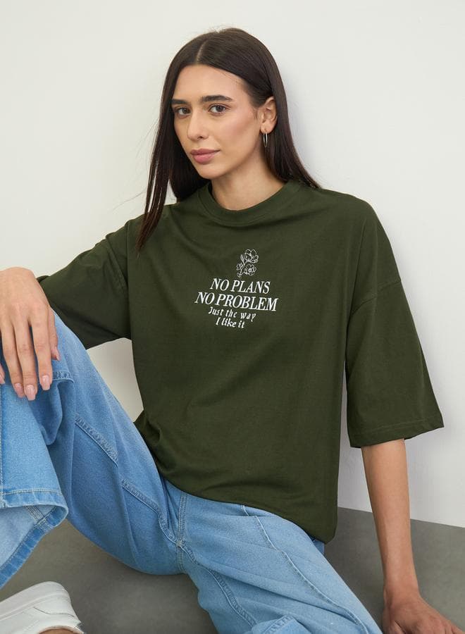 Green 100% Cotton Slogan Embroidered Oversized T-Shirt