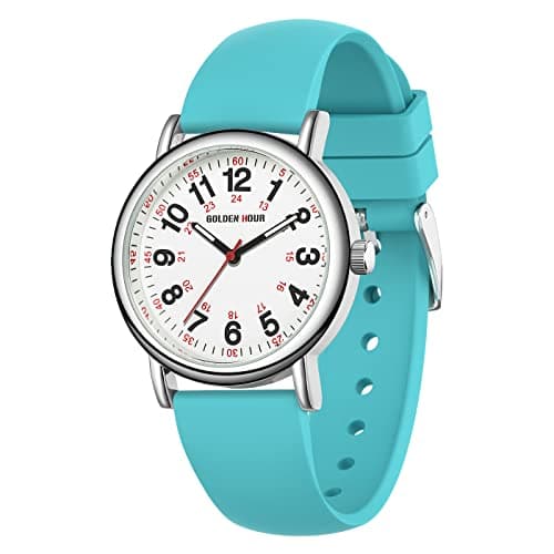 GOLDEN HOUR Waterproof Nurse Watch for Medical Professionals, Students Women Men - Military Time Luminouse Easy Read Dial, 24 Hour with Second Hand, Colorful Silicone Band Light Blue