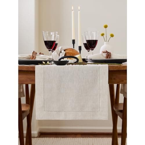 Solino Home Light Natural Table Runner 60 Inches Classic Hemstitch 100 Pure Linen Coffee Table Runner 14 x 60 Inch Ideal for Dresser Tables Spring Summer