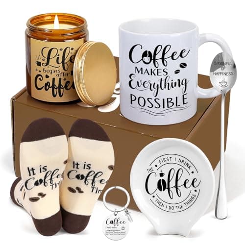 iAOVUEBY Coffee Gifts, 6PCS Coffee Gift Basket, Coffee Lover Gift Set Includes Coffee Mug Spoon Rest Holder Coffee Socks Keychain, Birthday Christmas Gift for Women Men Coffee Lover Friends