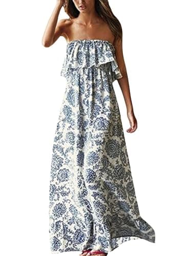 ZMPSIISA Women's Summer Off The Shoulder Maxi Dress Ruffle Strapless Blue White Porcelain Boho Casual Loose Long Dresses(A-Blue Porcelain,Large)