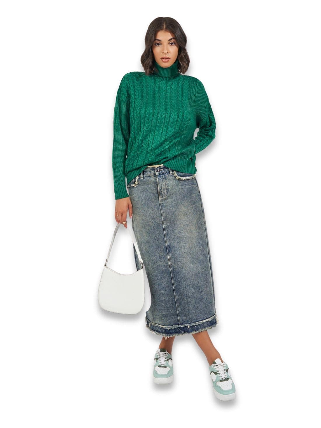Styli Women Green Boxy Fit Regular Length Chunky Cable Knit Turtle Neck Sweater