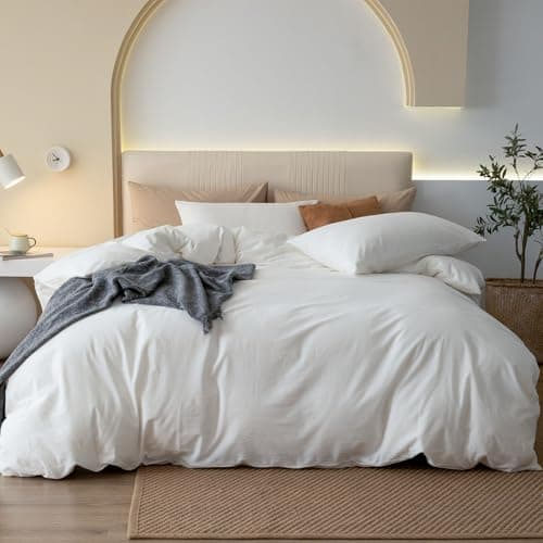 JIYUAN Twin Size Duvet Cover Set, 2-Piece - 100% Washed Cotton, Linen-Like Soft & Breathable with Zipper Closure, Includes 68x90 Inch Cover & 1 Pillowcase, Solid Off White