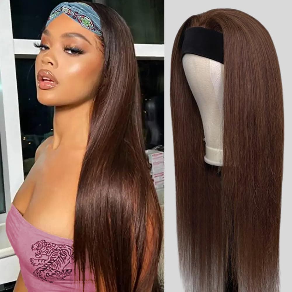 TNICE Headband Wig Human Hair Straight Chocolate Brown 18 Inch Headband Wigs for Black Women Glueless None Lace Front Human Hair Head band Wigs Brazilian Virgin Hair Machine Made 150 Density
